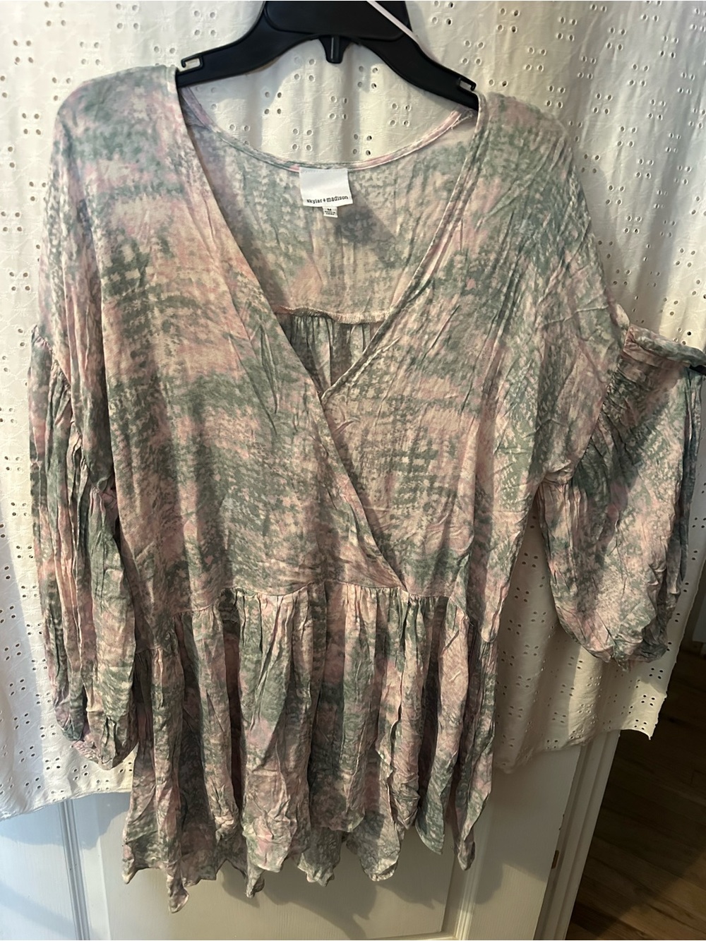 Skylar + Madison Pink and Sage Tie-Dye Wrap Peplum Tunic